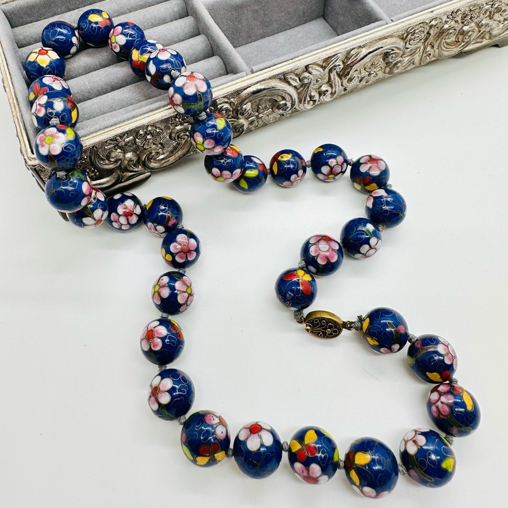 Antique Vintage Blue Cloisonné flower Enamel Jumbo Bead Necklace